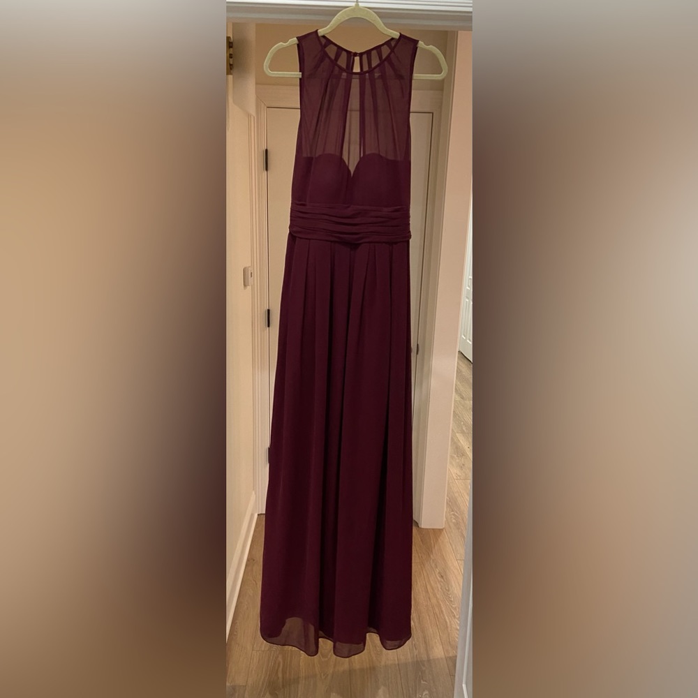BILL LEVKOFF wine/cranberry illusion neckline bridesmaids dress